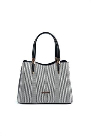 Silver & Polo SP1205 Kadın El Çantası Hasır Siyah Beyaz-Siyah