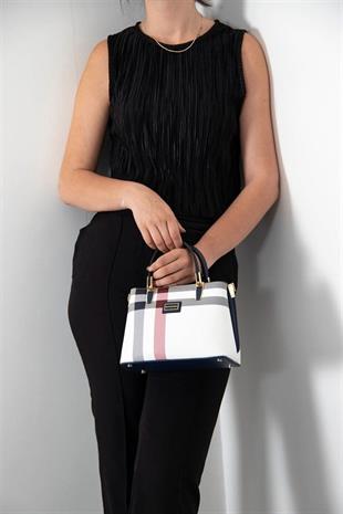 Silver & Polo SP987 Kadın El Çantası Ekose Beyaz-Lacivert