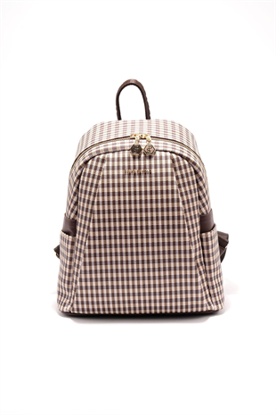 Silver & Polo SP926 Kadın Sırt Çantası Ekose Line Kare Kahve Sarı-Kahve