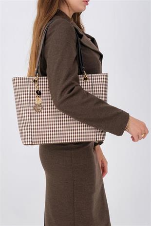 Silver Polo SP1176 Kadın Omuz Çantası Ekose Line Kare Kahve Sarı-Kahve
