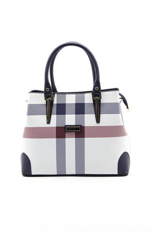 Silver & Polo SP667 Kadın El Çantası Ekose Beyaz-Lacivert