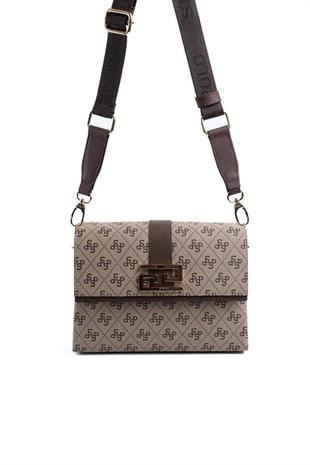 Silver & Polo SP1009 Kadın Çapraz Çanta Monogram Koyubej-Kahve