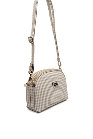 Silver & Polo SP765 Kadın Çapraz Çanta Ekose Line Kare Kum Beji-Kum Beji