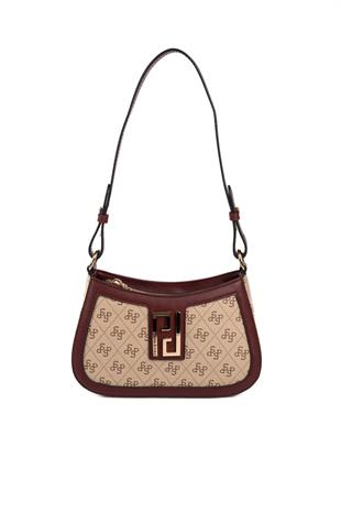 Silver & Polo SP1132 Kadın Çapraz Çanta Monogram Koyu Bej-Bordo