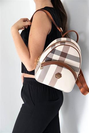 Silver & Polo SP945 Kadın Sırt Çantası Ekose Krem-Taba
