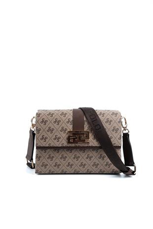 Silver & Polo SP1009 Kadın Çapraz Çanta Monogram Koyubej-Kahve