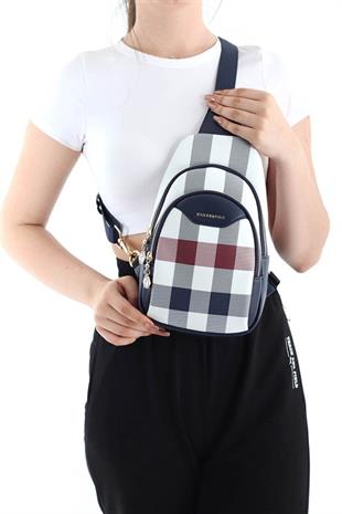 Silver & Polo SP959 Kadın Vücut Çantası Ekose Beyaz-Lacivert