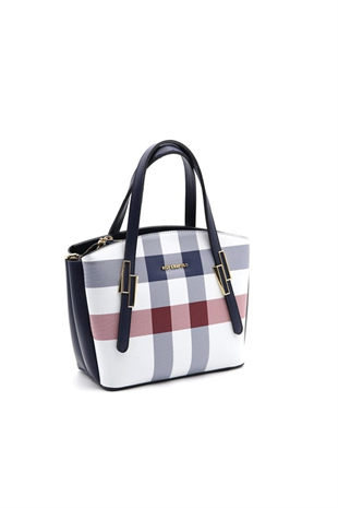 Silver & Polo SP1021 Kadın El Çantası Ekose Beyaz-Lacivert