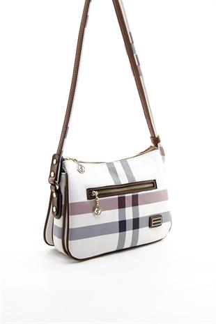 Silver & Polo SP818 Kadın Çapraz Çanta Ekose Beyaz-Taba