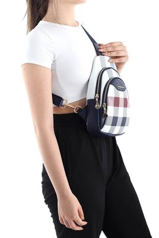 Silver & Polo SP959 Kadın Vücut Çantası Ekose Beyaz-Lacivert
