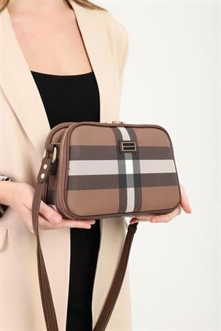 Silver & Polo SP899 Kadın Çapraz Çanta Ekose Koyu Kahve-Kahve