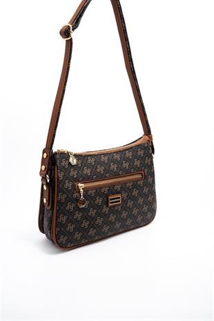 Silver & Polo SP818 Kadın Çapraz Çanta Monogram Kahve Sarı-Taba