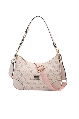 Silver Polo Pembe - Pudra Monogram Kadın Omuz Çantası SP1277