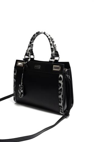 Silver & Polo SP1174 Kadın El Çantası Düz Siyah-Siyah-Leopar Gri