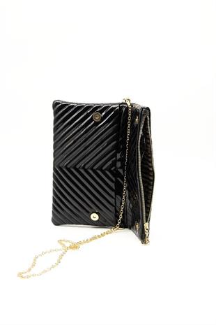 Silver Polo Rugan Siyah - Rugan Siyah Kapitone V Kadın Portföy ve Clutch El Çantası SP1134