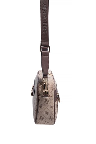 Silver & Polo SP1280 Kadın Çapraz Çanta Monogram Koyu Bej-Kahve