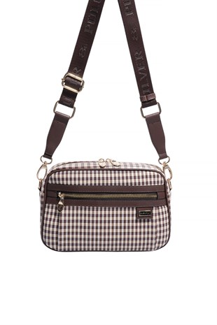 Silver & Polo SP1280 Kadın Çapraz Çanta Ekose Line Kare Kahve Sarı-Kahve