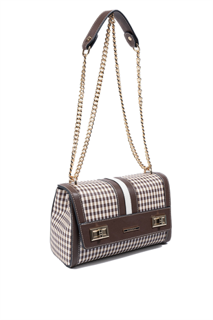 Silver & Polo SP1139 Kadın Çapraz Çanta Ekose Line Kare Kahve Sarı-Kahve