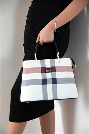 Silver & Polo SP924 Kadın El Çantası Ekose Beyaz-Lacivert