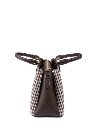 Silver & Polo SP1253 Kadın El Çantası Ekose Line Kare Kahve Sarı-Kahve