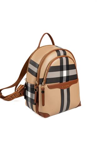 Silver & Polo SP1265 Kadın Sırt Çantası Ekose Bej-Taba