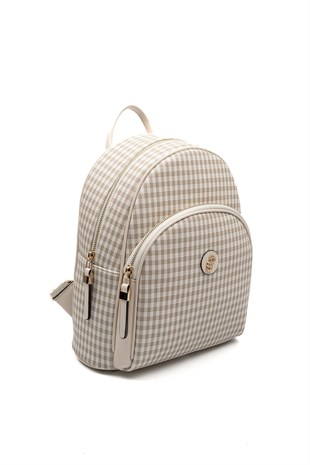 Silver & Polo SP1062 Kadın Sırt Çantası Ekose Line Kare Kum Beji-Kum Beji
