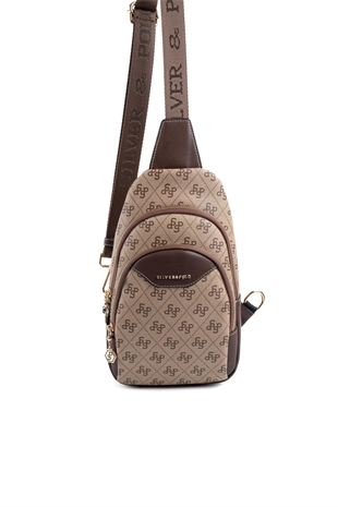 Silver & Polo SP959 Kadın Vücut Çantası Monogram Koyubej-Kahve