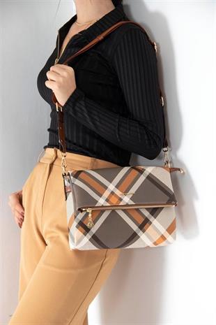 Silver & Polo SP963 Kadın Çapraz Çanta Ekose Haki-Taba