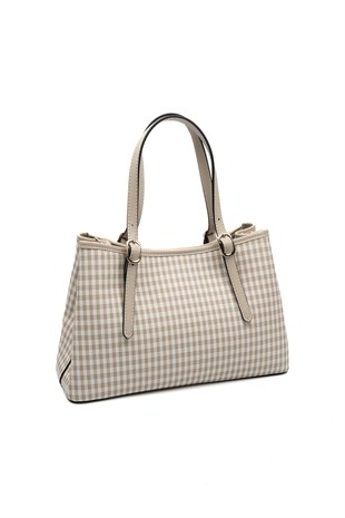 Silver & Polo SP1252 Kadın El Çantası Ekose Line Kare Kum Beji-Kum Beji