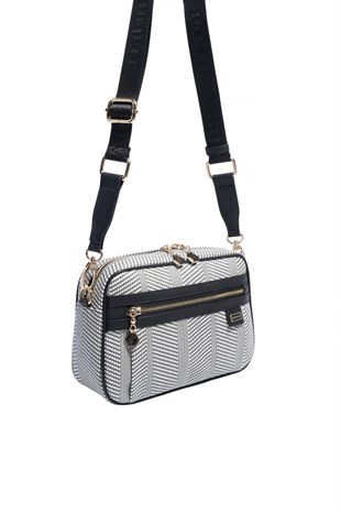 Silver & Polo SP1280 Kadın Çapraz Çanta Hasır Siyah Beyaz-Siyah