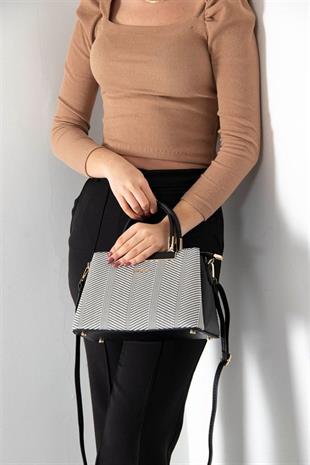 Silver & Polo SP913 Kadın El Çantası Hasır Siyah Beyaz-Siyah