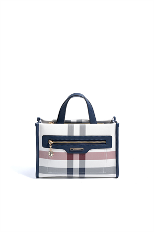 Silver & Polo SP1271 Kadın El Çantası Ekose Beyaz-Lacivert