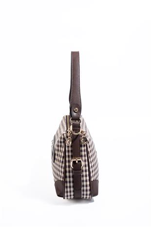 Silver Polo SP1269 Kadın Omuz Çantası Ekose Line Kare Kahve Sarı-Kahve
