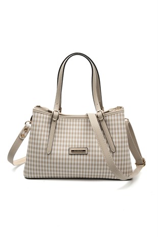 Silver & Polo SP1252 Kadın El Çantası Ekose Line Kare Kum Beji-Kum Beji