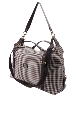 Silver & Polo SP1064 Kadın Seyahat Çantası Ekose Line Kare Kahve Sarı-Kahve