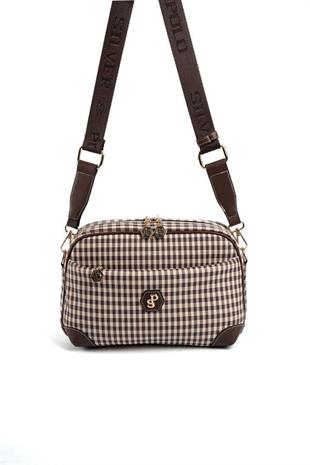 Silver & Polo SP1094 Kadın Çapraz Çanta Ekose Line Kare Kahve Sarı-Kahve