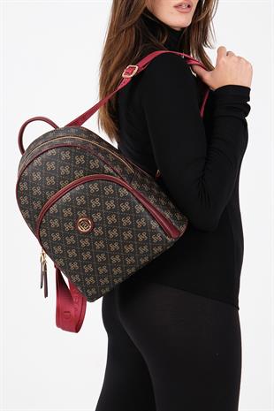 Silver & Polo SP1062 Kadın Sırt Çantası Monogram Kahve Sarı-Bordo