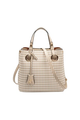 Silver & Polo SP975 Kadın El Çantası Ekose Line Kare Kum Beji-Kum Beji