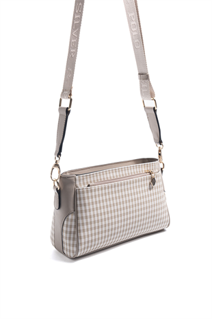 Silver & Polo SP1273 Kadın Çapraz Çanta Ekose Line Kare Kum Beji