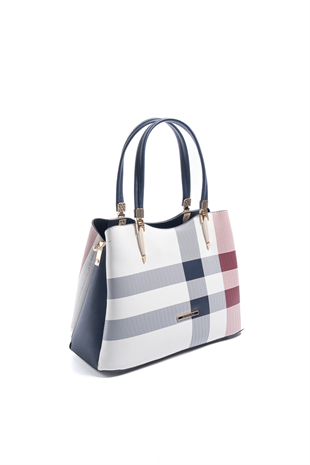 Silver & Polo SP1205 Kadın El Çantası Ekose Beyaz-Lacivert