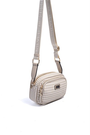 Silver & Polo SP1111 Kadın Çapraz Çanta Ekose Line Kare Kum Beji