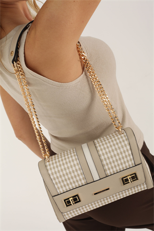 Silver & Polo SP1139 Kadın Çapraz Çanta Ekose Line Kare Kum Beji