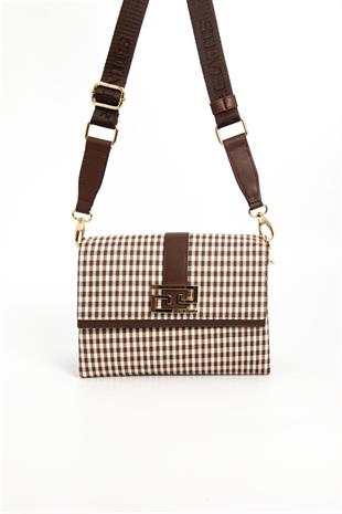 Silver & Polo SP1009 Kadın Çapraz Çanta Ekose Line Kare Kahve Sarı-Kahve