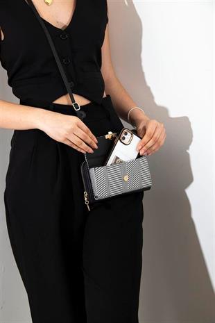 Silver Polo Siyah Beyaz - Siyah Hasır Kadın Telefon Çantası SP921
