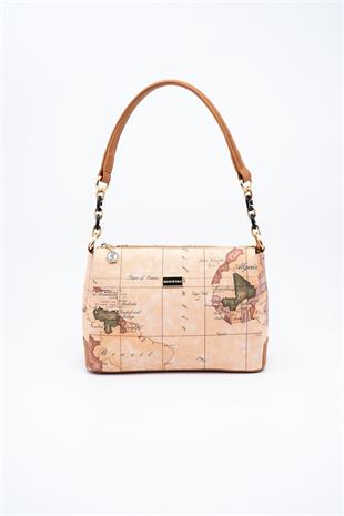 Silver & Polo SP910 Kadın Çapraz Çanta Harita Pudra-A.Taba