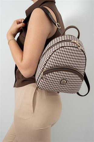 Silver & Polo SP945 Kadın Sırt Çantası Ekose Line Kare Kahve Sarı-Kahve