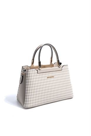 Silver & Polo SP913 Kadın El Çantası Ekose Line Kare Kum Beji-Kum