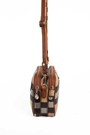 Silver & Polo SP745 Kadın Çapraz Çanta Ekose Bej-Taba