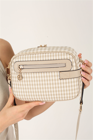 Silver & Polo SP1256 Kadın Çapraz Çanta Ekose Line Kare Kum Beji