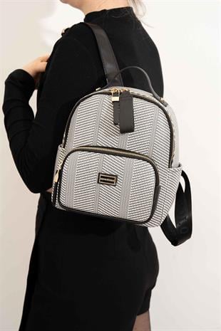 Silver & Polo SP1130 Kadın Sırt Çantası Hasır Siyah Beyaz-Siyah